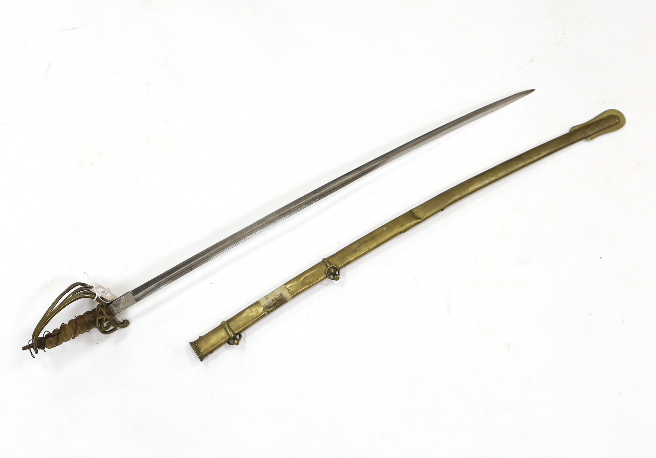 A scarce 1845 pattern infantry officer’s sword to the Penang Police, with regulation hilt, incomplete in its brass scabbard, blade 82cm